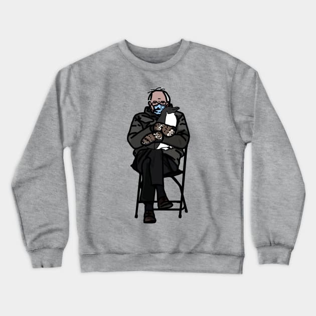 Bernie Sanders Mittens Holding a Penguin Crewneck Sweatshirt by ellenhenryart